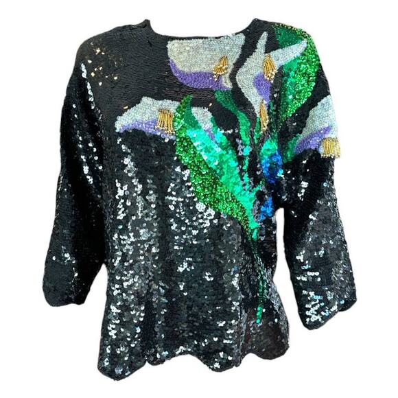 Vintage Black Silk Sequin Top 3/4 Batwing Sleeve Calla Lily Pattern Size XL 1X - Picture 2 of 10